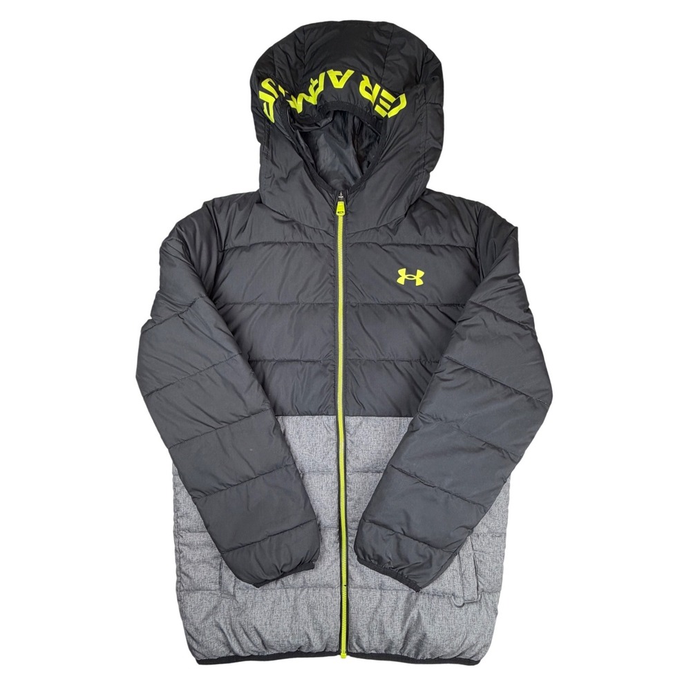 Under Armour ColdGear Kids Puffer Jacket Black Gray Neon Yellow YXL Loose Fit